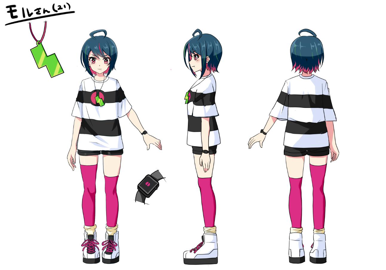 >:), 1girl, ahoge, asymmetrical_legwear, bangs, black_hair, black_shorts, boots