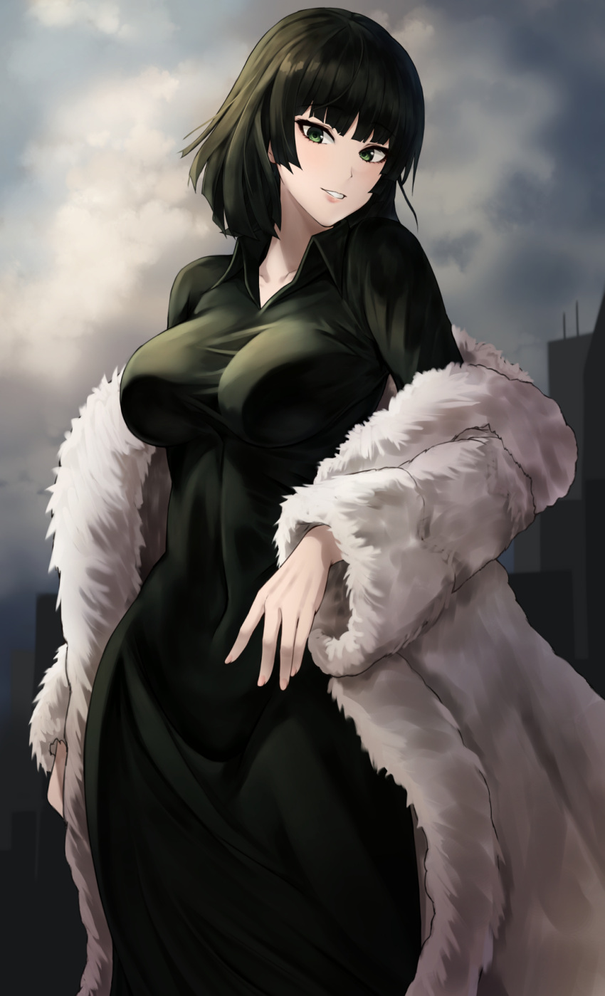 1girl, angdo_(kakajo26), bangs, black_dress, black_hair, blunt_bangs, breasts, brown_hair