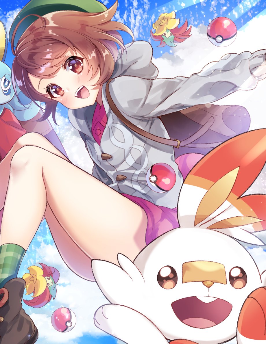 1girl, :d, backpack, bag, blush, boots, brown_bag, brown_eyes