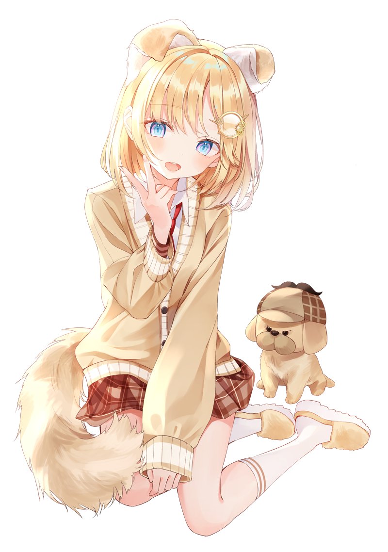 1girl, :d, animal, animal_ears, bangs, blonde_hair, blue_eyes, blush, collared_shirt, commentary, deerstalker, dog, dog_ears, dog_girl, dog_request, dog_tail, eyebrows_visible_through_hair, hair_ornament, hand_up, hat, hololive, hololive_english, kneehighs, long_sleeves, looking_at_viewer, medium_hair, miniskirt, monocle_hair_ornament, nabi_(uz02), necktie, open_mouth, plaid, plaid_skirt, red_neckwear, red_skirt, shirt, shoes, sitting, skirt, smile, solo, tail, v, virtual_youtuber, watson_amelia, white_legwear, white_shirt