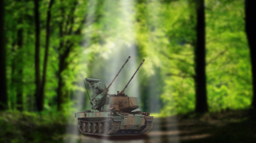 aa_gun, absurdres, caterpillar_tracks, forest, ground_vehicle, highres, japan_ground_self-defense_force, japan_self-defense_force
