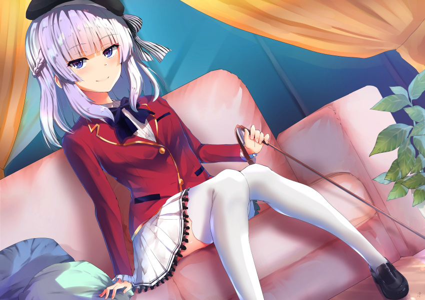 1girl, absurdres, bangs, black_bow, black_footwear, black_headwear, blue_eyes, blunt_bangs, bow, braid, couch, dutch_angle, highres, indoors, looking_at_viewer, pillow, riding_crop, ryo_utomiya, sakayanagi_arisu, school_uniform, silver_hair, sitting, skirt, solo, striped, striped_bow, white_legwear, white_skirt, youkoso_jitsuryoku_shijou_shugi_no_kyoushitsu_e