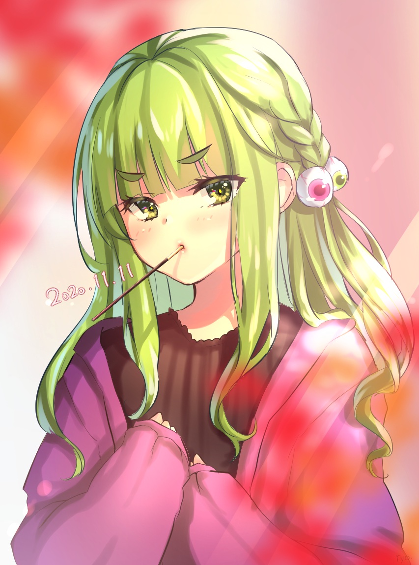 1girl, bangs, blunt_bangs, dated, eyeball_hair_ornament, eyebrows_visible_through_hair, green_eyes, green_hair, jacket, long_hair, looking_at_viewer, mouth_hold, original, osanai_(shashaki), pocky_day, ryo_utomiya, sidelocks, simple_background, thick_eyebrows, upper_body