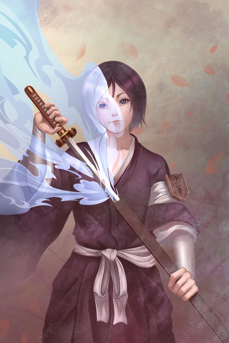 1girl, bankai, black_hair, bleach, blue_eyes, highres, holding, holding_weapon, kuchiki_rukia, pale_skin, short_hair, sword, tekino, weapon