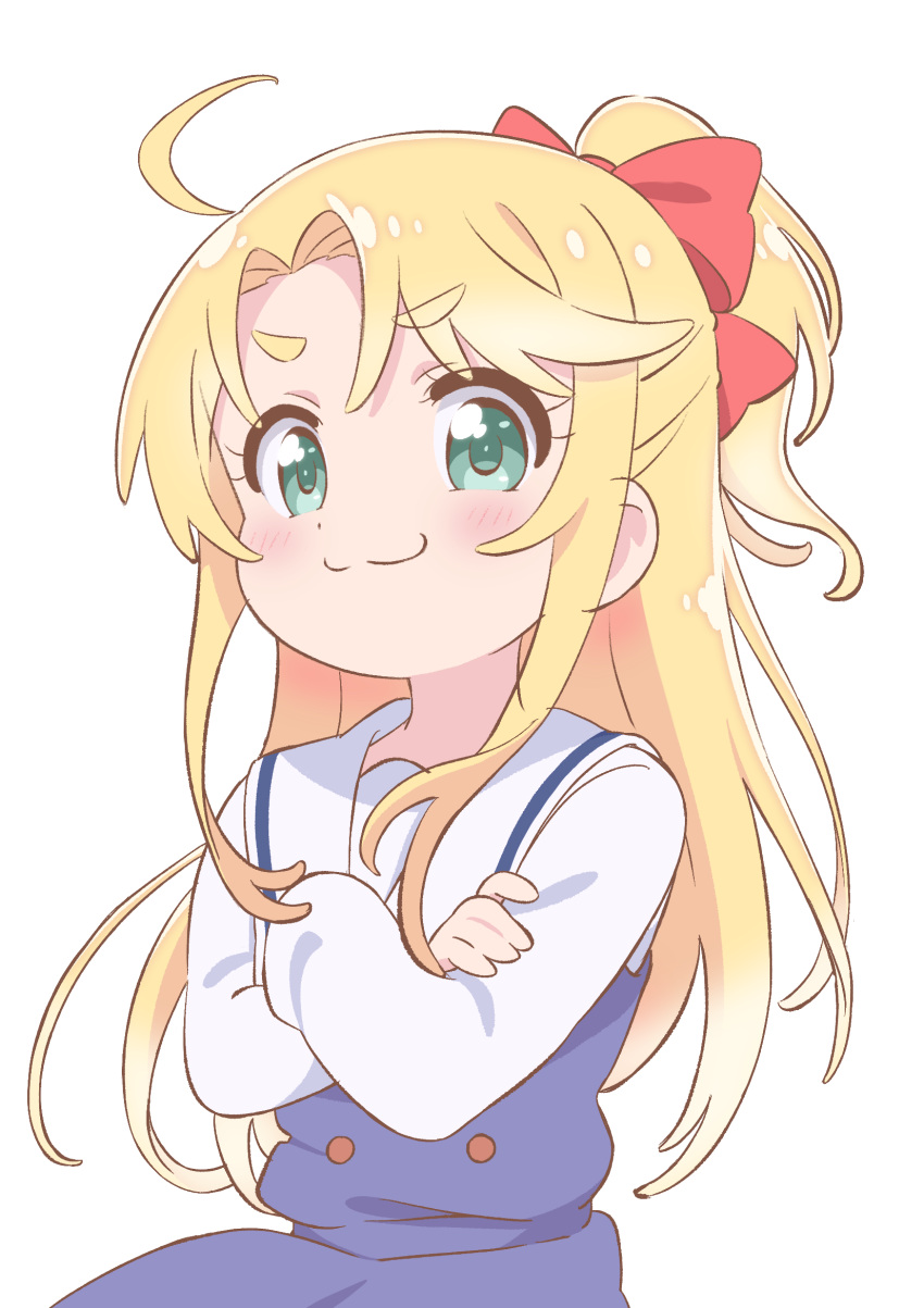 1girl, :3, ahoge, bangs, blonde_hair, blue_dress, blush, bow