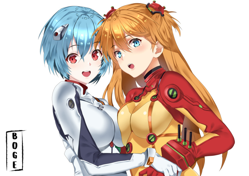 2girls, abiboge, absurdres, albino, ayanami_rei, blue_eyes, blue_hair, blush