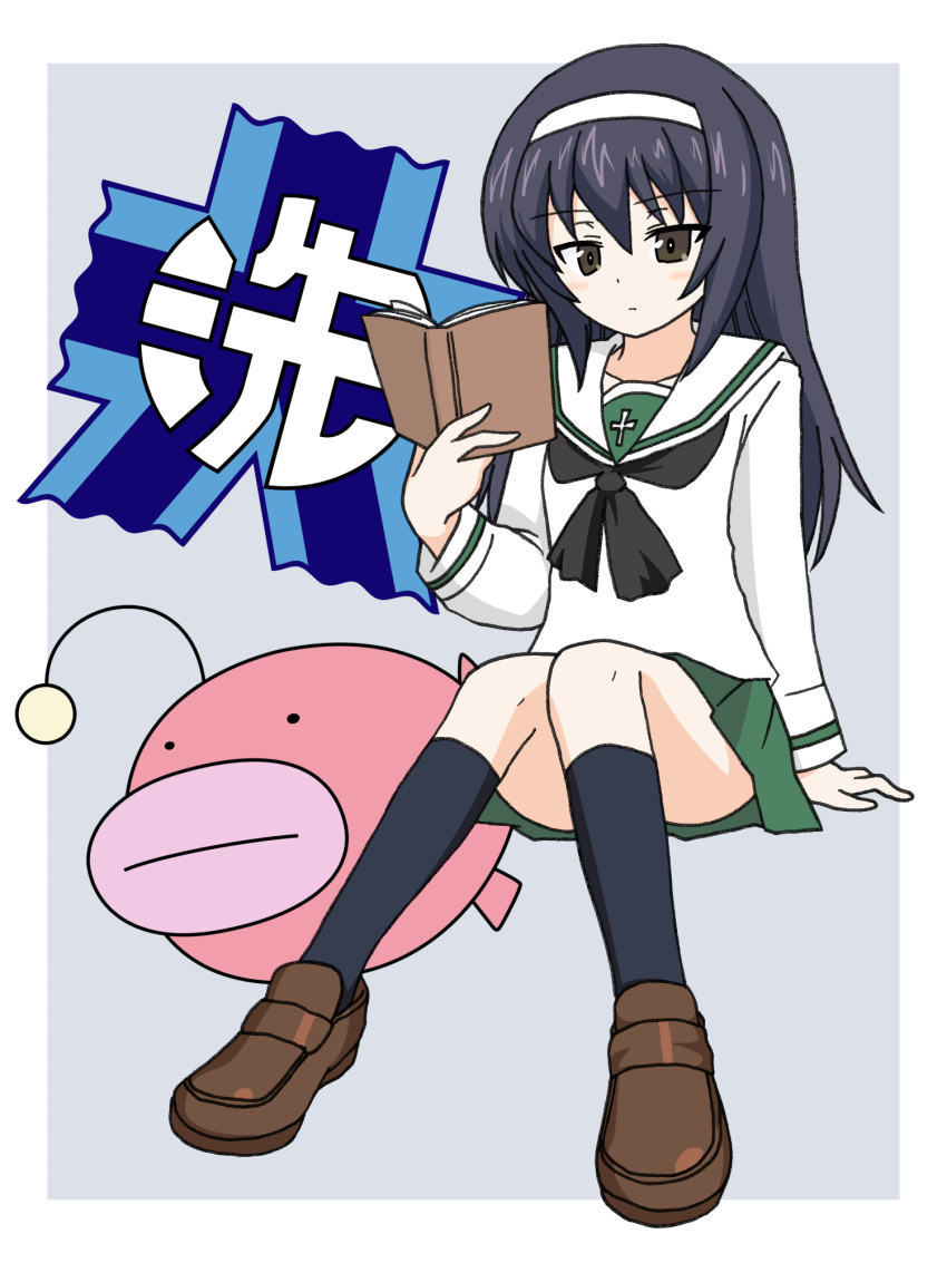 1girl, anglerfish, bangs, black_hair, black_legwear, black_neckwear, blouse, book