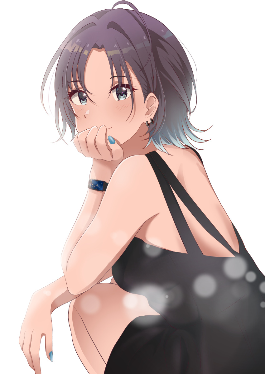 1girl, absurdres, antenna_hair, arm_rest, asakura_tooru, bangs, bare_back, black_dress, blue_eyes, blush, breasts, dress, ear_piercing, eyebrows_visible_through_hair, highres, idolmaster, idolmaster_shiny_colors, light_particles, looking_at_viewer, looking_back, medium_breasts, multicolored_hair, nail_polish, parted_bangs, piercing, rrtp, short_hair, simple_background, sleeveless, sleeveless_dress, smile, solo, squatting, two-tone_hair, watch, white_background