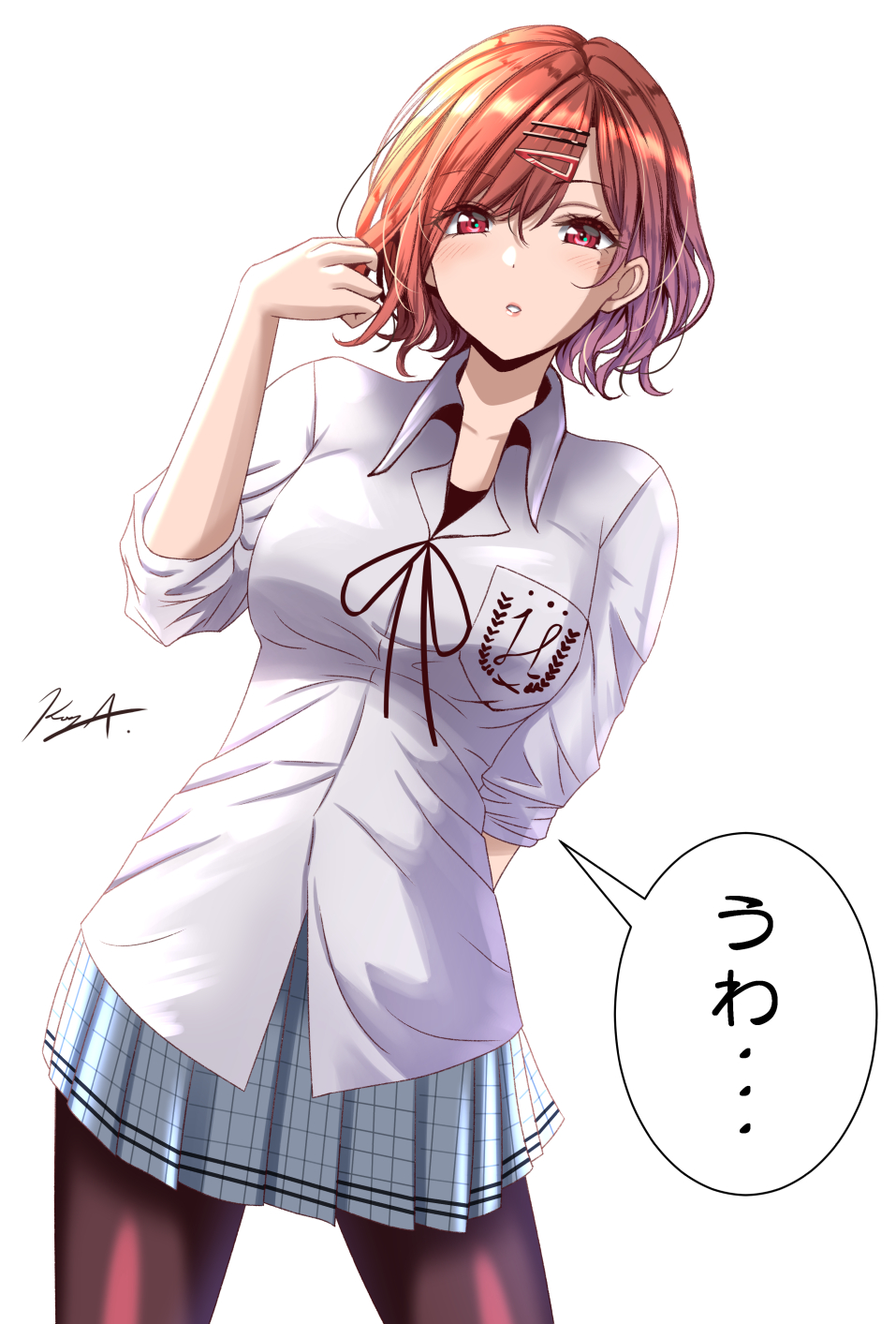 1girl, :o, arms_behind_back, bangs, black_legwear, blue_skirt, blush, breast_pocket