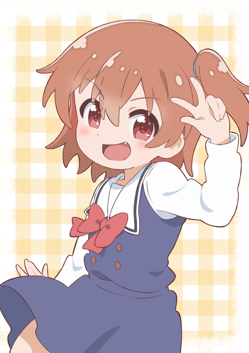 1girl, :d, arm_at_side, arm_up, bangs, blue_dress, blush, bow
