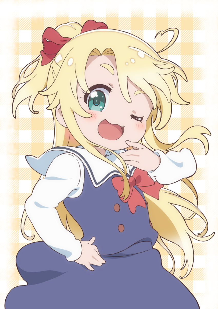 1girl, ;3, ;d, bangs, blonde_hair, blue_dress, blush, bow, checkered, checkered_background, commentary_request, decocharaseal, doyagao, dress, green_eyes, hair_bow, hand_on_hip, highres, himesaka_noa, long_hair, long_sleeves, looking_at_viewer, one_eye_closed, open_mouth, parted_bangs, ponytail, red_bow, sailor_collar, sailor_dress, school_uniform, shirt, smile, smug, solo, standing, thick_eyebrows, very_long_hair, watashi_ni_tenshi_ga_maiorita!, white_sailor_collar, white_shirt