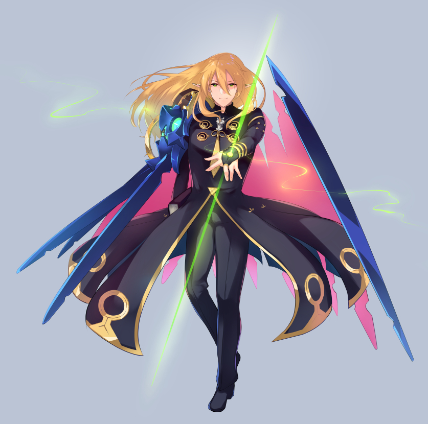 1boy, black_coat, black_footwear, black_pants, blonde_hair, bridal_gauntlets, calm_mashiro, coat