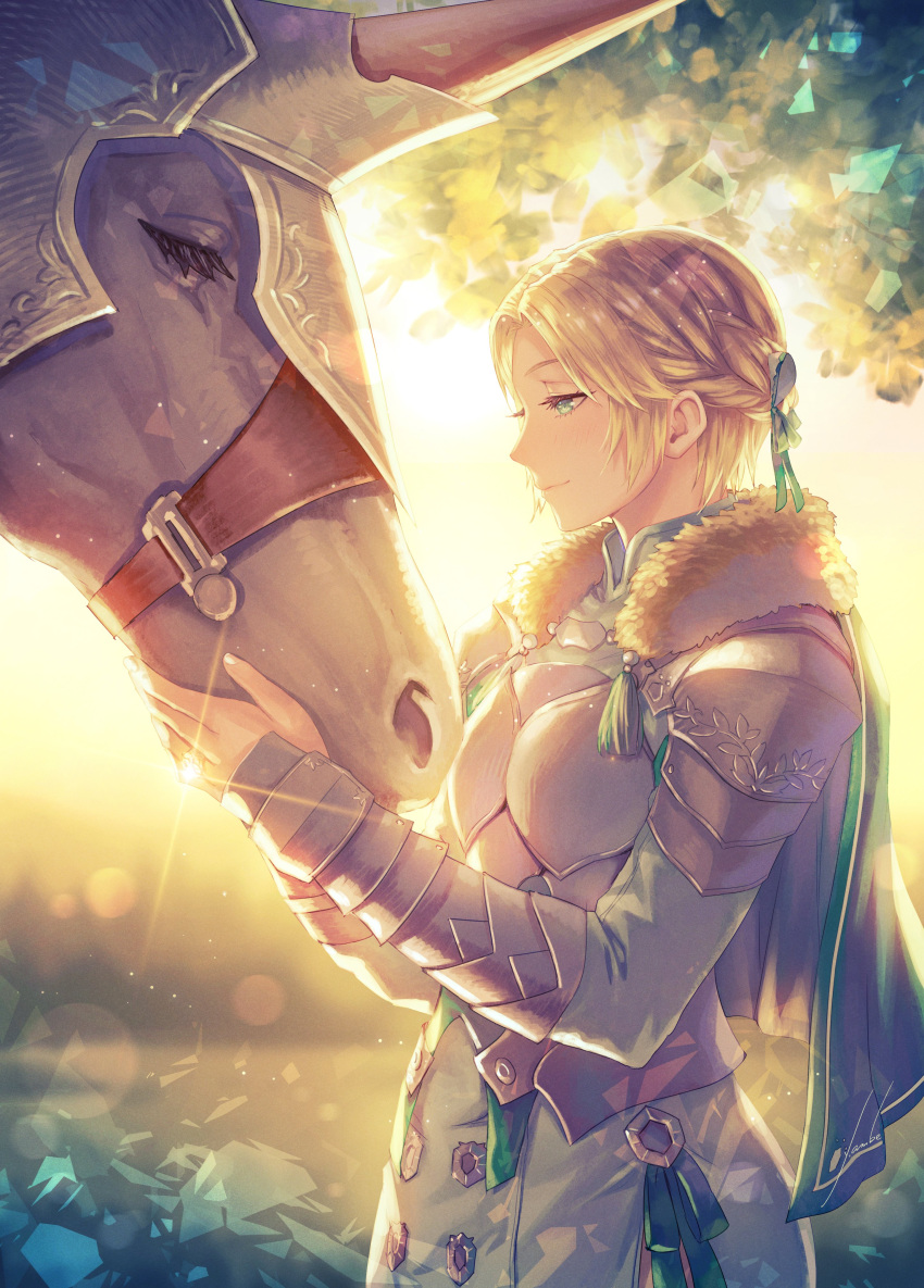 1girl, absurdres, anbe_yoshirou, armor, blonde_hair, braid, capelet, dress