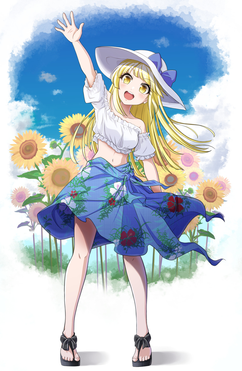 1girl, :o, absurdres, arm_up, bang_dream!, bangs, bare_shoulders, black_footwear, blonde_hair, blue_bow, blue_sarong, blush, bow, breasts, carmen_(user_fyvs3542), crop_top, day, eyebrows_visible_through_hair, field, flower, flower_field, full_body, hat, hat_bow, head_tilt, highres, leaning_to_the_side, long_hair, looking_at_viewer, medium_breasts, midriff, navel, no_socks, open_mouth, outdoors, round_teeth, sandals, sarong, short_sleeves, sidelocks, solo, standing, stomach, sunflower, tank_top, teeth, tsurumaki_kokoro, waving_arm, white_headwear, white_tank_top, yellow_eyes
