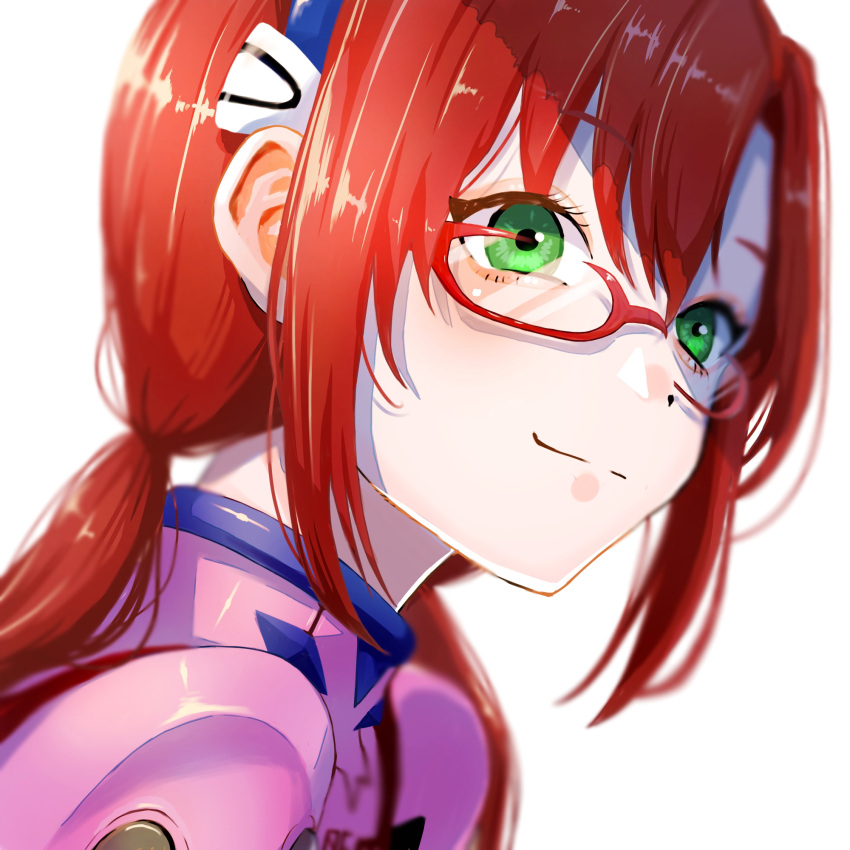 1girl, blurry, depth_of_field, from_side, glasses, green_eyes, hair_between_eyes, highres, interface_headset, looking_to_the_side, makinami_mari_illustrious, neon_genesis_evangelion, plugsuit, rebuild_of_evangelion, red-framed_eyewear, redhead, smile, solo, twintails, upper_body, white_background, yoon