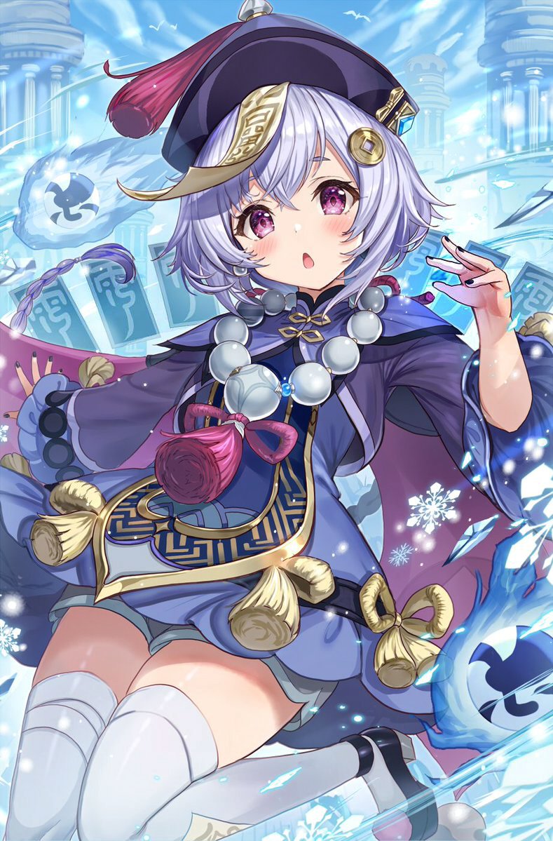 1girl, :o, akabane_(zebrasmise), arm_up, bead_necklace, beads, bell_sleeves, black_nails, blue_sky, blush, braid, braided_ponytail, chinese_clothes, clouds, dot_nose, full_body, genshin_impact, hair_ornament, hat, jewelry, jiangshi, jumping, long_braid, long_sleeves, mandarin_collar, mary_janes, nail_polish, necklace, ofuda, open_mouth, outdoors, purple_hair, purple_headwear, qing_guanmao, qiqi, ruins, shoes, sky, solo, talisman, tassel, thigh-highs, violet_eyes, vision_(genshin_impact), white_legwear