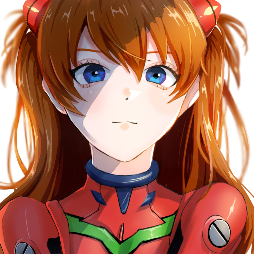 1girl, blue_eyes, brown_hair, hair_between_eyes, highres, interface_headset, long_hair, looking_at_viewer, neon_genesis_evangelion, plugsuit, shaded_face, smile, solo, souryuu_asuka_langley, upper_body, white_background, yoon