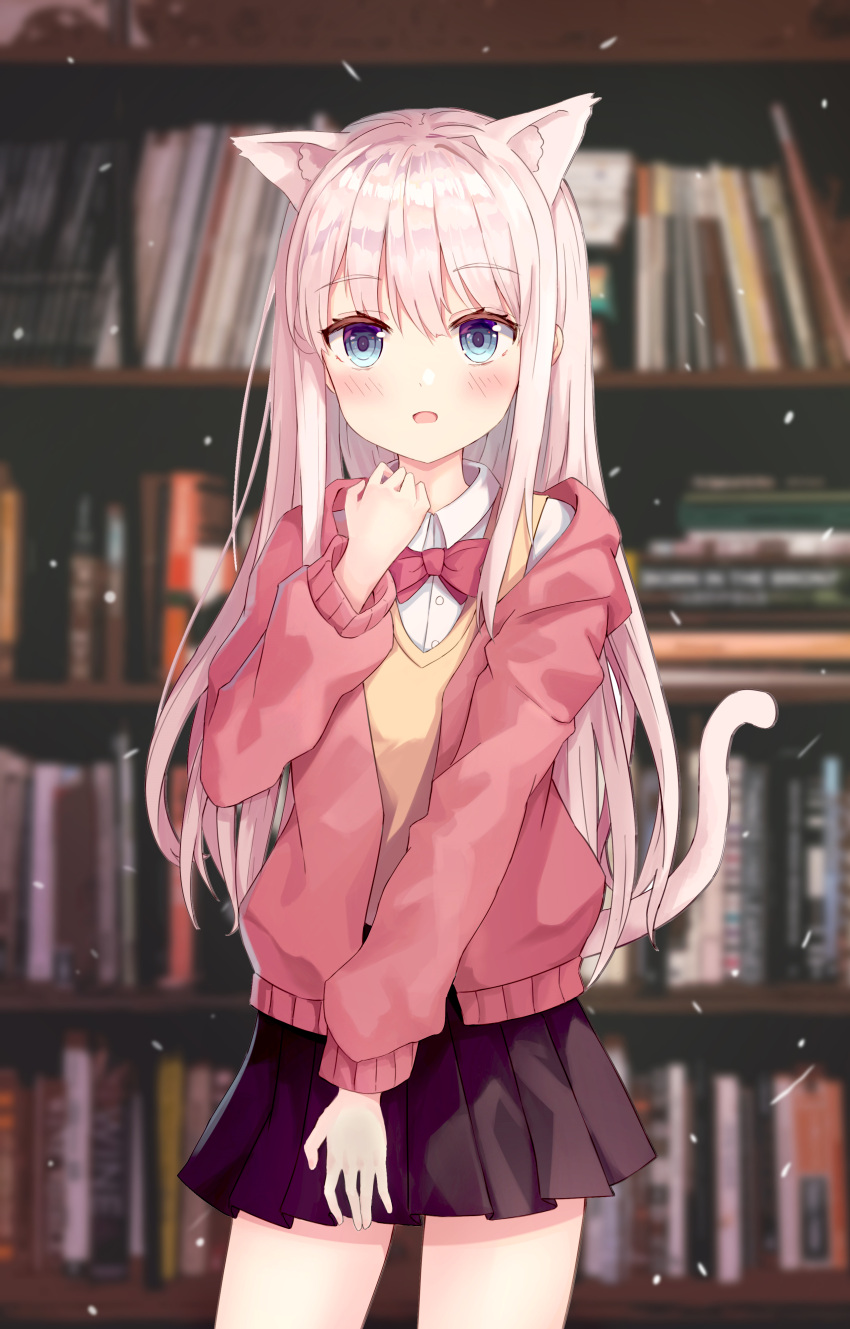 1girl, absurdres, animal_ears, bangs, bare_legs, beige_sweater_vest, black_skirt, blue_eyes