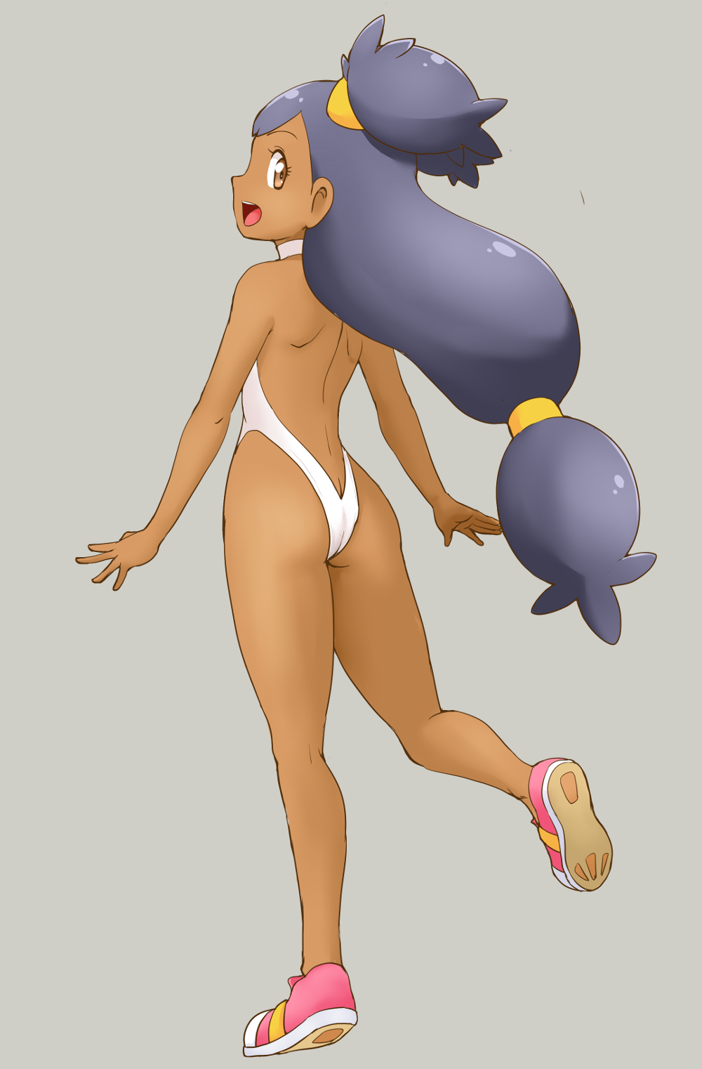 1girl, ass, back, backless_outfit, bangs, big_hair, black_hair, brown_eyes
