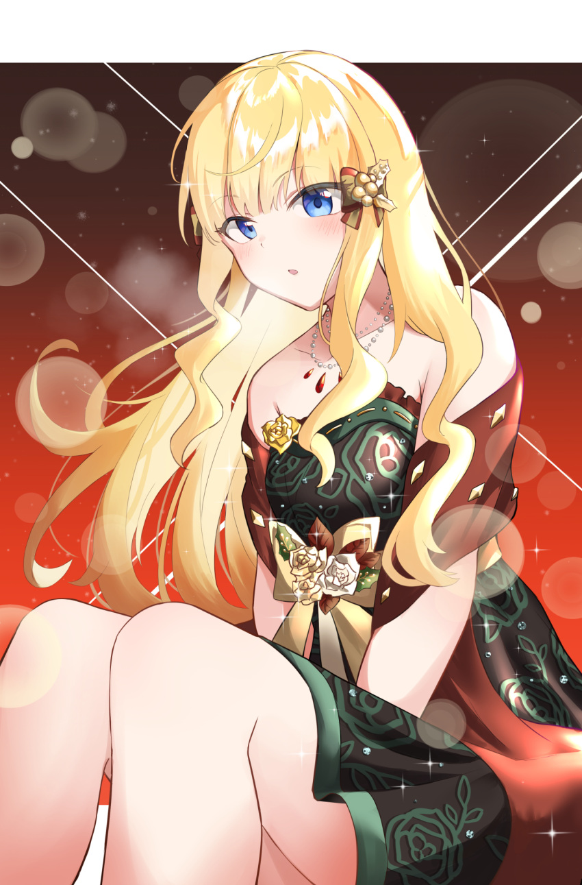 1girl, bangs, blonde_hair, blue_eyes, blush, bow, breasts, christmas, eyebrows_visible_through_hair, hair_bow, hair_ornament, highres, large_breasts, long_hair, looking_at_viewer, open_mouth, pointy_ears, princess_connect!, princess_connect!_re:dive, saren_(princess_connect!), solo, ya.yu.