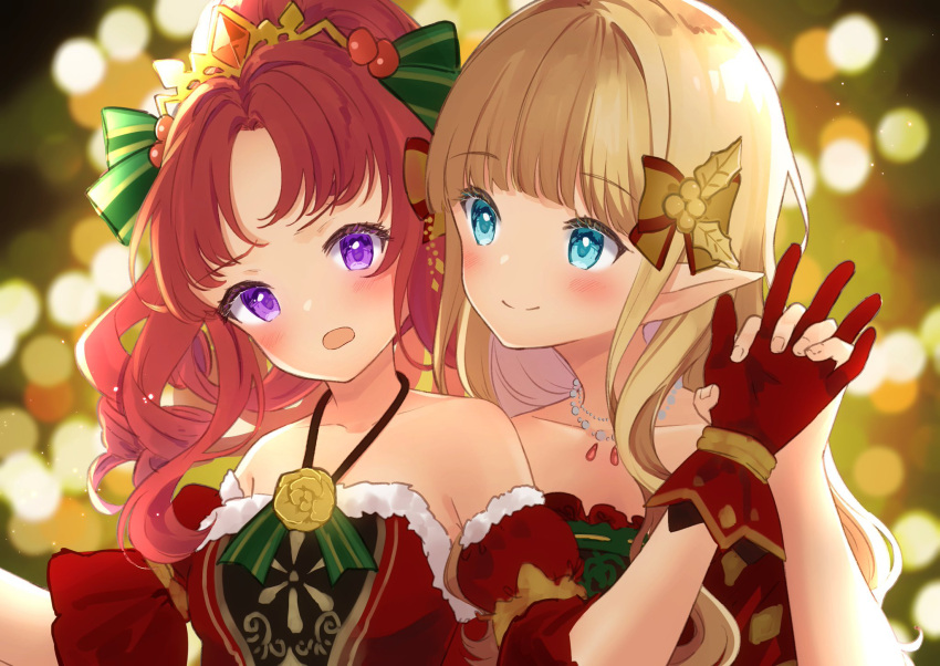 akino_(princess_connect!), bangs, bare_shoulders, blonde_hair, blue_eyes, blush, bow, breasts