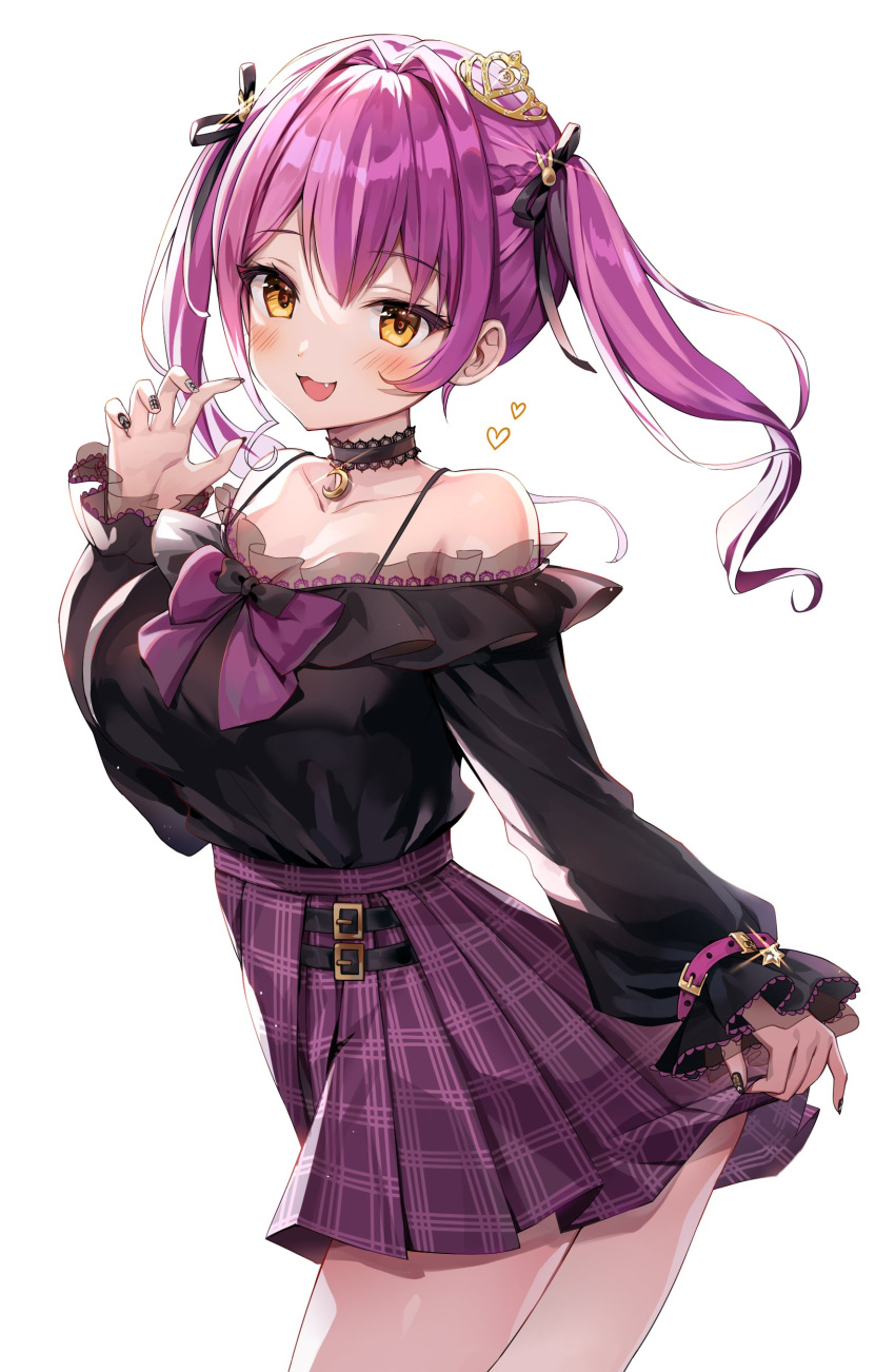 1girl, :3, absurdres, bangs, bare_shoulders, belt_bracelet, belt_buckle, black_choker, black_nails, blouse, blush, bow, braid, breasts, buckle, bunny_hair_ornament, choker, claw_pose, clothes_tucked_in, collarbone, cowboy_shot, crescent, eyebrows_visible_through_hair, fang, fingernails, floating_hair, frilled_blouse, from_side, glint, hair_intakes, hair_ornament, hair_ribbon, hand_up, heart, high-waist_skirt, highres, large_breasts, leaning_forward, long_hair, long_sleeves, looking_at_viewer, looking_back, luna_nyann, miniskirt, multicolored_hair, musubime, nail_art, nail_polish, off-shoulder_blouse, off_shoulder, open_mouth, pendant_choker, pink_bow, pink_hair, plaid, plaid_skirt, pleated_skirt, puffy_long_sleeves, puffy_sleeves, purple_blouse, purple_bow, purple_hair, purple_ribbon, purple_skirt, ribbon, shirt_tucked_in, simple_background, skirt, skirt_hold, sleeves_past_wrists, smile, solo, spaghetti_strap, streaked_hair, symbol_commentary, symbol_in_eye, tented_shirt, tiara, tied_hair, tsukiyomi_yomi, twintails, two-tone_hair, virtual_youtuber, white_background, white_nails, yellow_eyes
