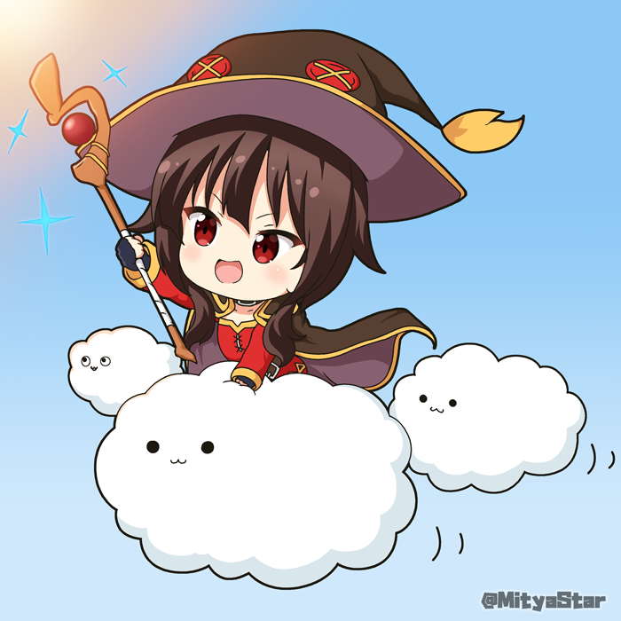 1girl, :3, :d, black_cape, black_gloves, black_headwear, blue_background, blush