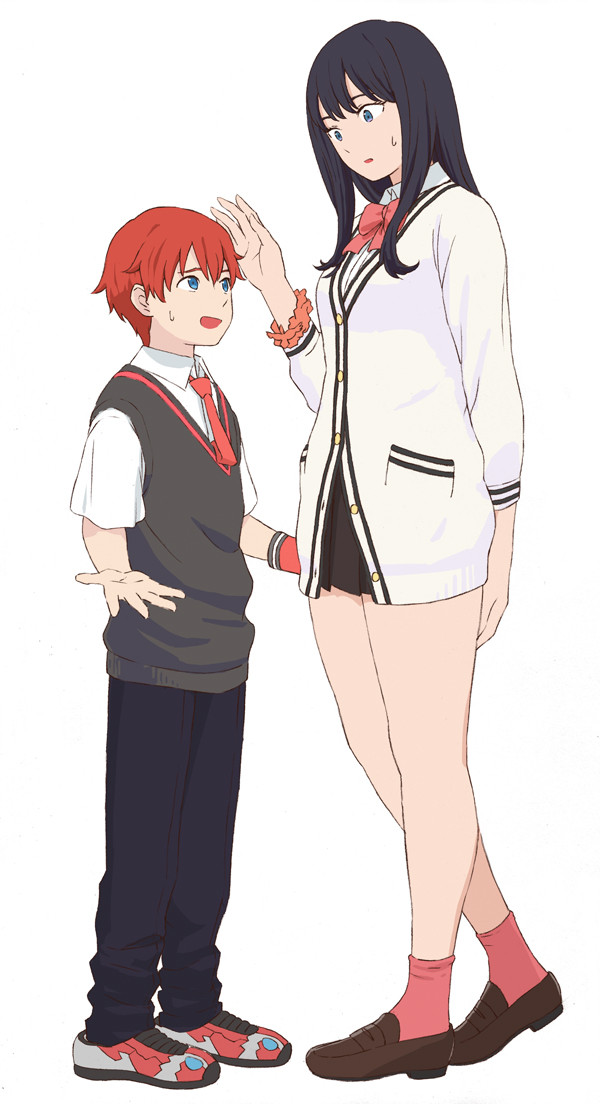 1boy, 1girl, alternate_height, black_cardigan, black_hair, blue_eyes, bow, brown_footwear