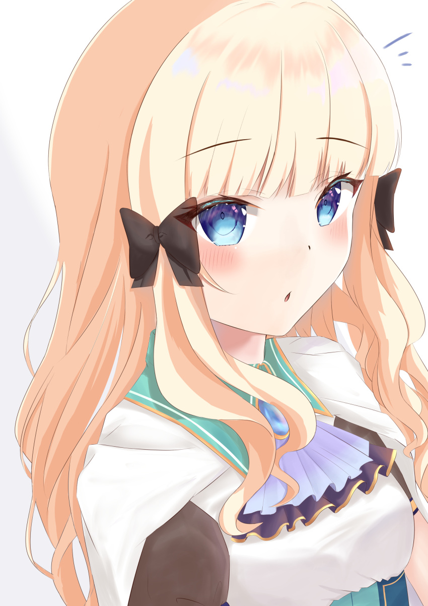 1girl, absurdres, bangs, black_bow, blonde_hair, blue_eyes, blush, bow