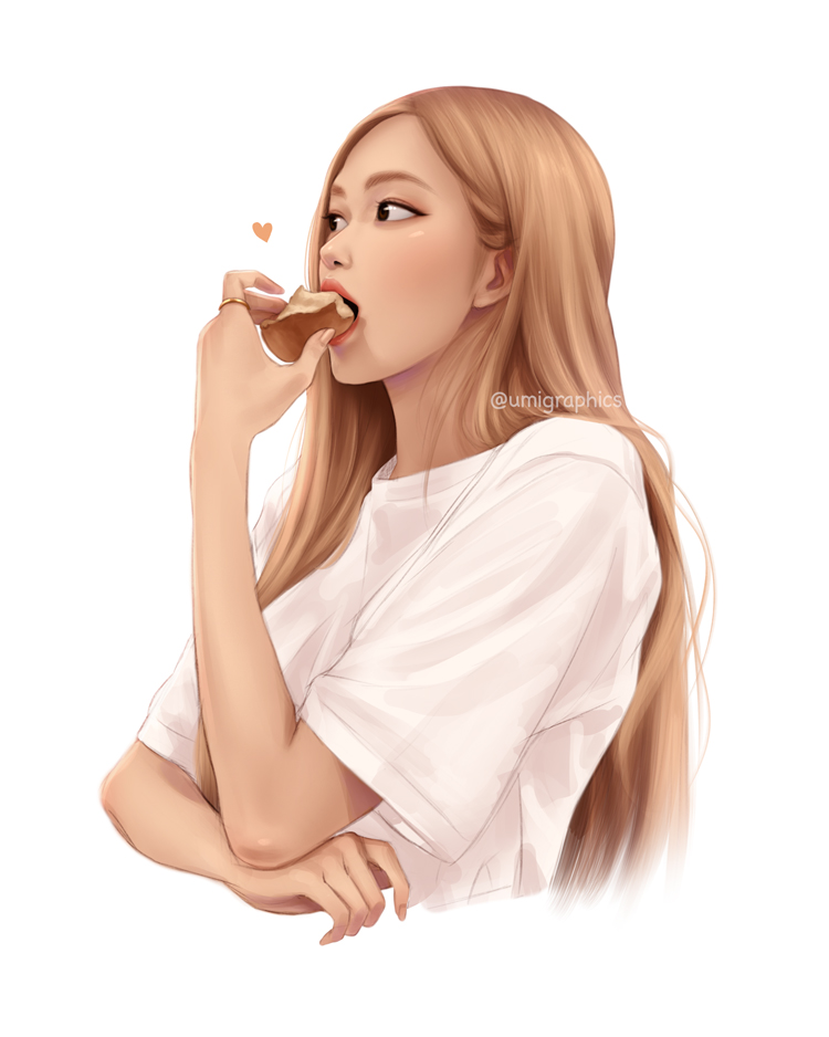 1girl, blackpink, blonde_hair, brown_eyes, cropped_torso, eating, hair_behind_ear, heart