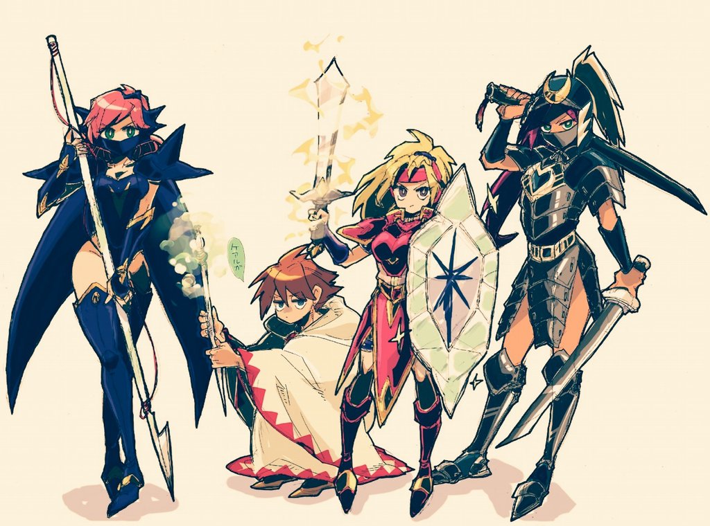 1boy, 3girls, armor, blonde_hair, breasts, brown_hair, butz_klauser, cape, dragoon_(final_fantasy), faris_scherwiz, final_fantasy, final_fantasy_v, headband, helmet, holding, holding_weapon, hood, hoodie, katana, knight_(final_fantasy), krile_mayer_baldesion, lenna_charlotte_tycoon, long_hair, mask, multiple_girls, pauldrons, pink_hair, polearm, ponytail, purple_hair, saito_piyoko, samurai_(final_fantasy), shield, short_hair, shoulder_armor, simple_background, spear, staff, sword, thighs, weapon, white_hoodie, white_mage, white_robe