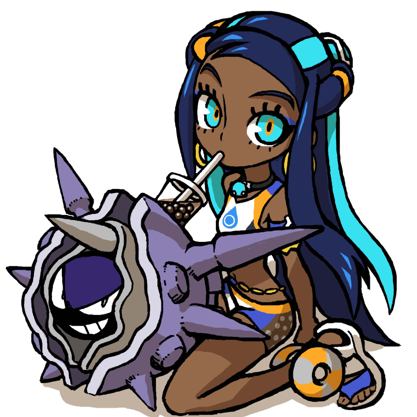 1girl, 1other, absurdres, aqua_eyes, aqua_hair, armlet, belly_chain, blue_hair, breasts, bubble_tea, bubble_tea_challenge, chibi, cloyster, commentary_request, dark_skin, drinking_straw, earrings, full_body, gen_1_pokemon, gym_leader, hair_bun, highres, hoop_earrings, izuna_yoshitsune, jewelry, kneeling, long_hair, looking_at_viewer, midriff, mouth_hold, multicolored_hair, nessa_(pokemon), no_socks, pokemon, pokemon_(creature), pokemon_(game), pokemon_swsh, sandals, small_breasts, swimsuit, tankini, toes, two-tone_hair, very_dark_skin