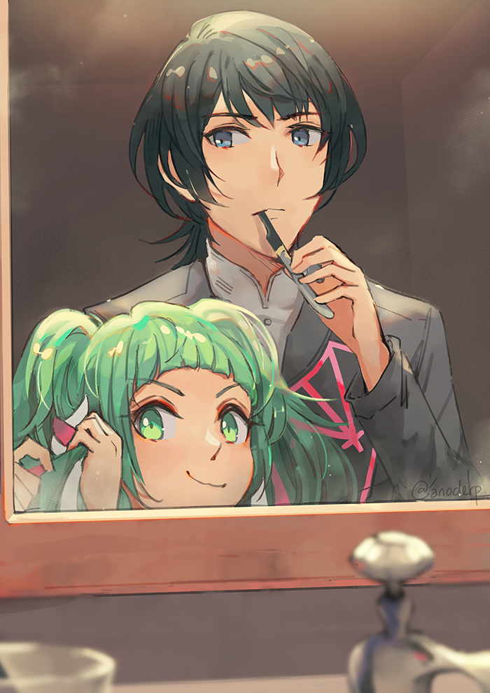 1boy, 1girl, adjusting_hair, alternate_costume, anocurry, black_jacket, blue_eyes, blue_hair, braid, brushing_teeth, byleth_(fire_emblem), byleth_eisner_(male), casual, closed_mouth, commentary, english_commentary, eyebrows_visible_through_hair, fire_emblem, fire_emblem:_three_houses, green_eyes, green_hair, hair_between_eyes, holding, holding_toothbrush, indoors, jacket, long_hair, long_sleeves, looking_at_viewer, mirror, mirror_image, open_clothes, open_jacket, reflection, ribbon_braid, short_hair, smile, sothis_(fire_emblem), toothbrush, twin_braids, twitter_username