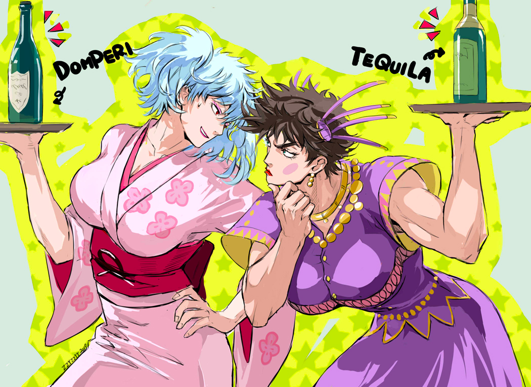2boys, alcohol, arrow_(symbol), bangs, battle_tendency, blue_hair, bottle, breast_padding