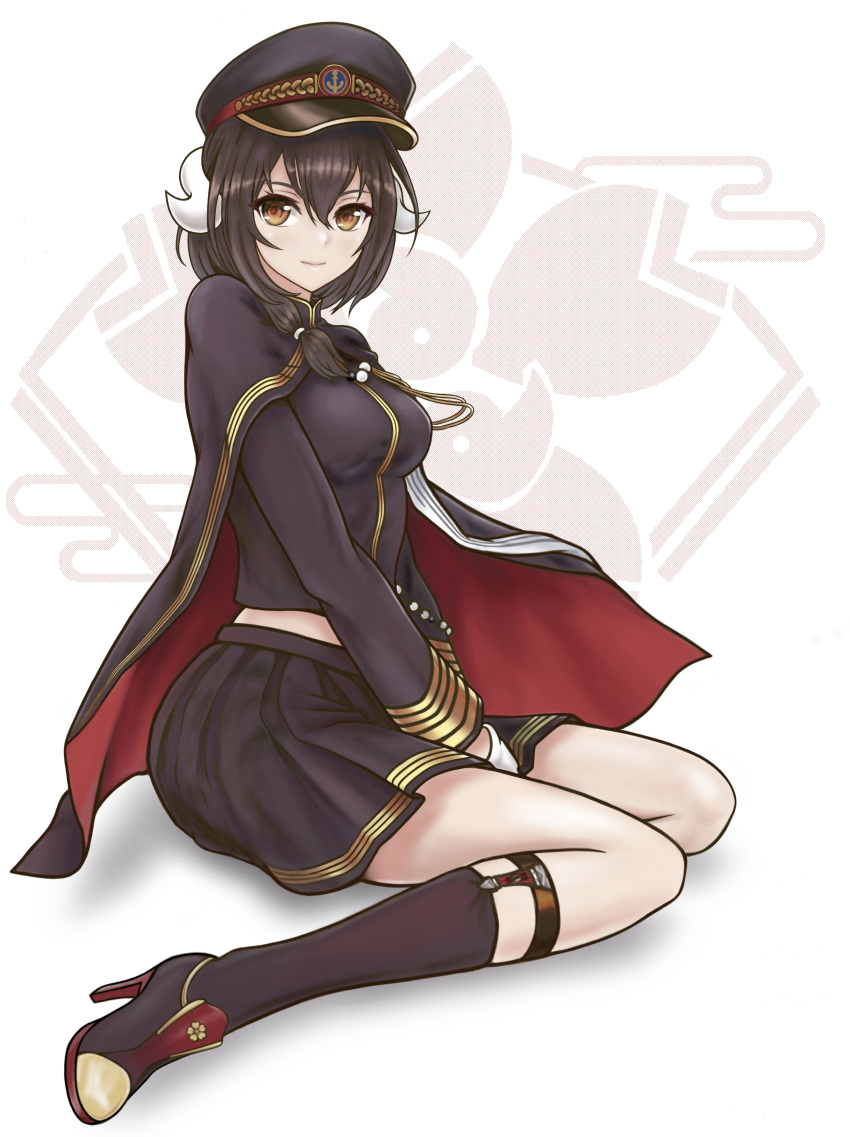 1girl, absurdres, asymmetrical_hair, azur_lane, between_legs, black_cape, black_footwear, black_hair, black_headwear, black_legwear, black_shirt, black_skirt, breasts, brown_eyes, cape, commentary_request, curled_horns, garter_straps, gloves, hair_between_eyes, hand_between_legs, hat, high_heels, highres, horns, leg_garter, light_blush, light_smile, looking_at_viewer, medium_breasts, medium_hair, midriff, mikasa_(azur_lane), military_hat, peaked_cap, red_cape, sakura_empire_(emblem), shirt, single_sidelock, sitting, skirt, solo, thigh_strap, tomozou-1971, two-tone_cape, wariza, white_gloves