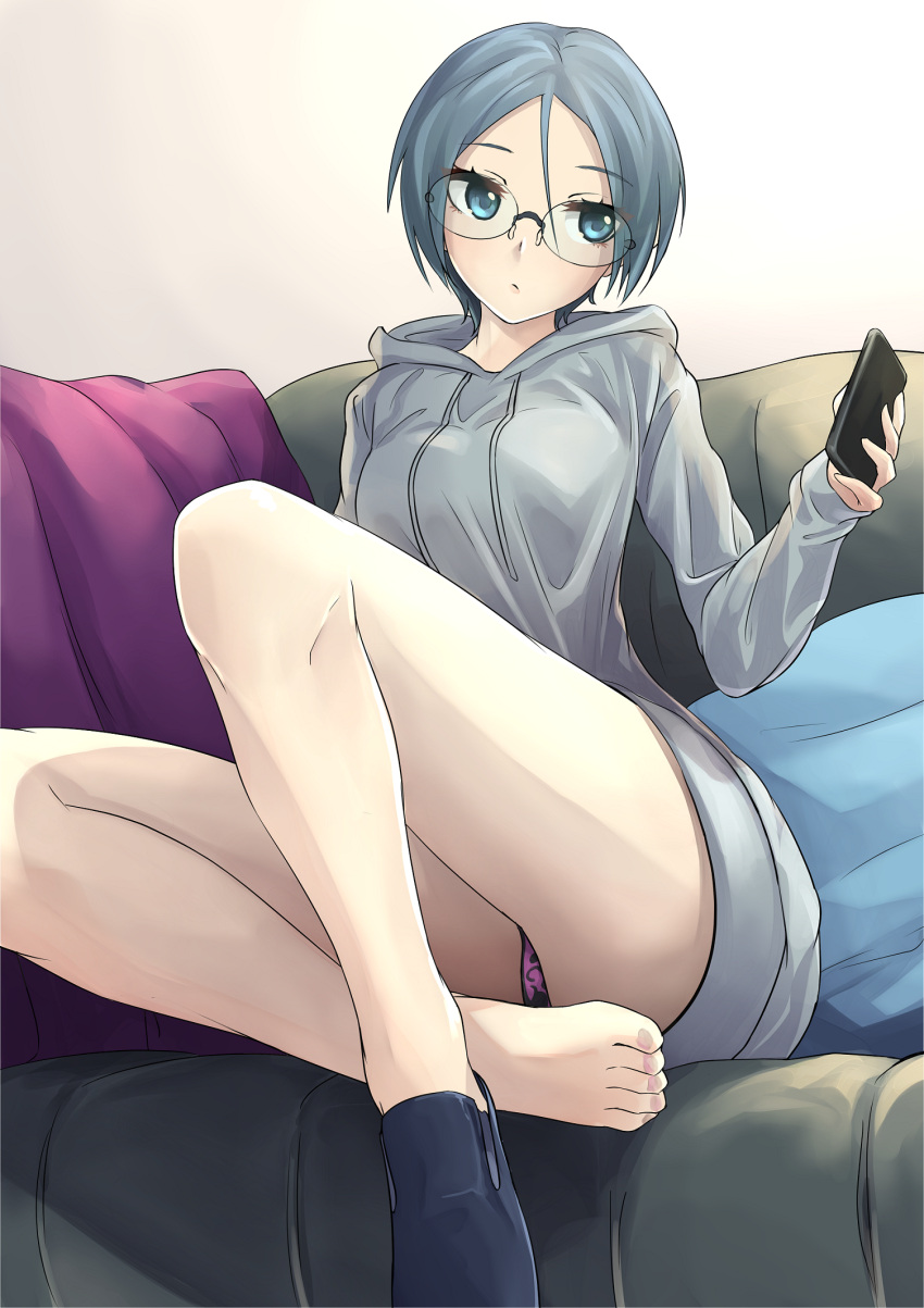1girl, bangs, barefoot, blue_eyes, casual, closed_mouth, commentary, controller