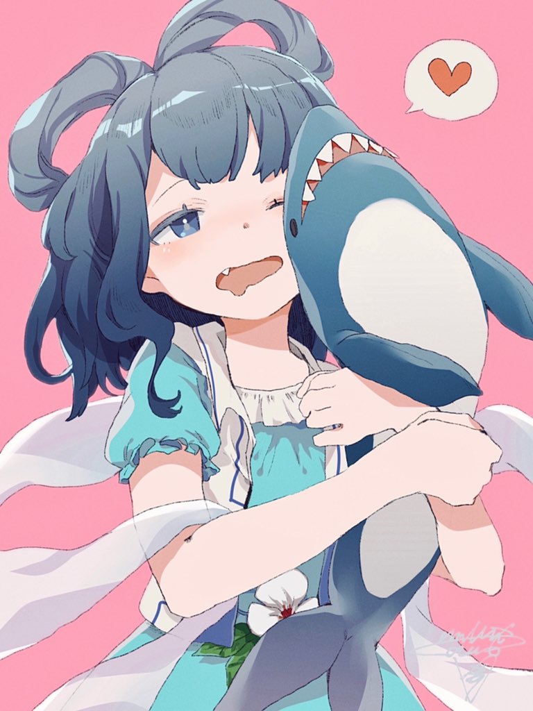 1girl, bangs, blue_dress, blue_eyes, blue_hair, blush, commentary_request, dress, drooling, eyebrows_behind_hair, fang, flat_chest, flower, hagoromo, hair_rings, heart, holding, holding_stuffed_toy, kaku_seiga, ladenaku, medium_hair, one_eye_closed, open_clothes, open_vest, pink_background, shawl, signature, simple_background, solo, spoken_heart, stuffed_animal, stuffed_shark, stuffed_toy, touhou, upper_body, vest