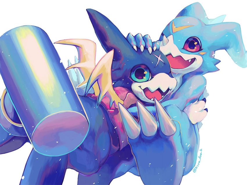:d, ;d, blue_eyes, commentary_request, cross_scar, digimon, facial_mark, fangs