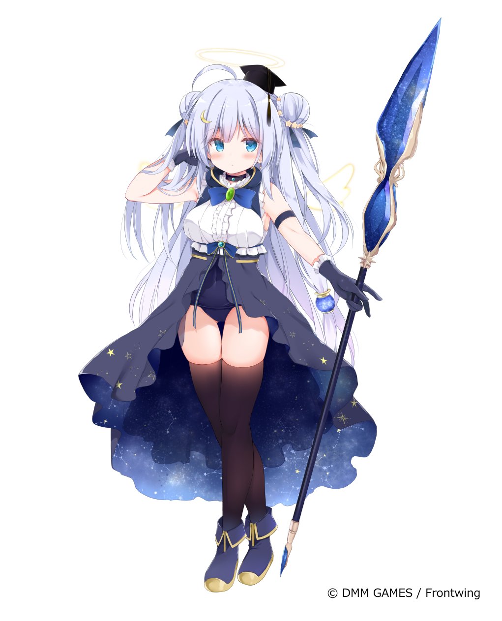 1girl, ahoge, bangs, bare_shoulders, black_gloves, black_headwear, black_leotard, blue_eyes