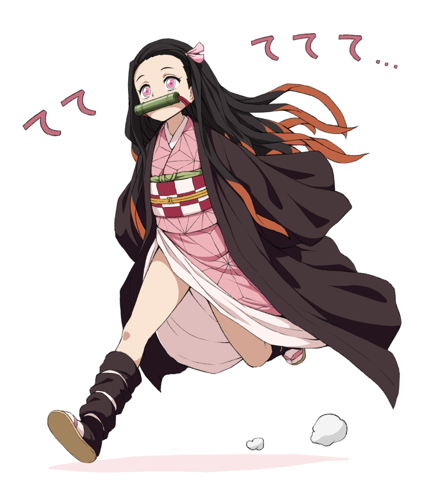 1girl, asa_no_ha_(pattern), asanaya, bamboo, bit_gag, black_hair, black_haori, black_legwear