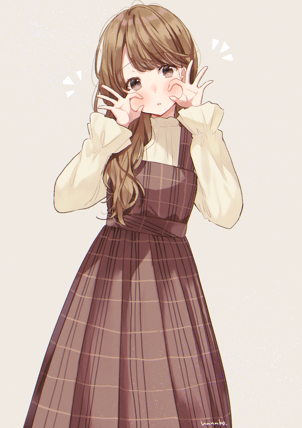 1girl, :o, blush, brown_dress, brown_eyes, brown_hair, brown_shirt, commentary_request, double_ok_sign, dress, grey_background, hanako151, hands_up, head_tilt, highres, long_hair, long_sleeves, looking_at_viewer, original, parted_lips, pleated_dress, puffy_long_sleeves, puffy_sleeves, shirt, simple_background, sleeveless, sleeveless_dress, solo
