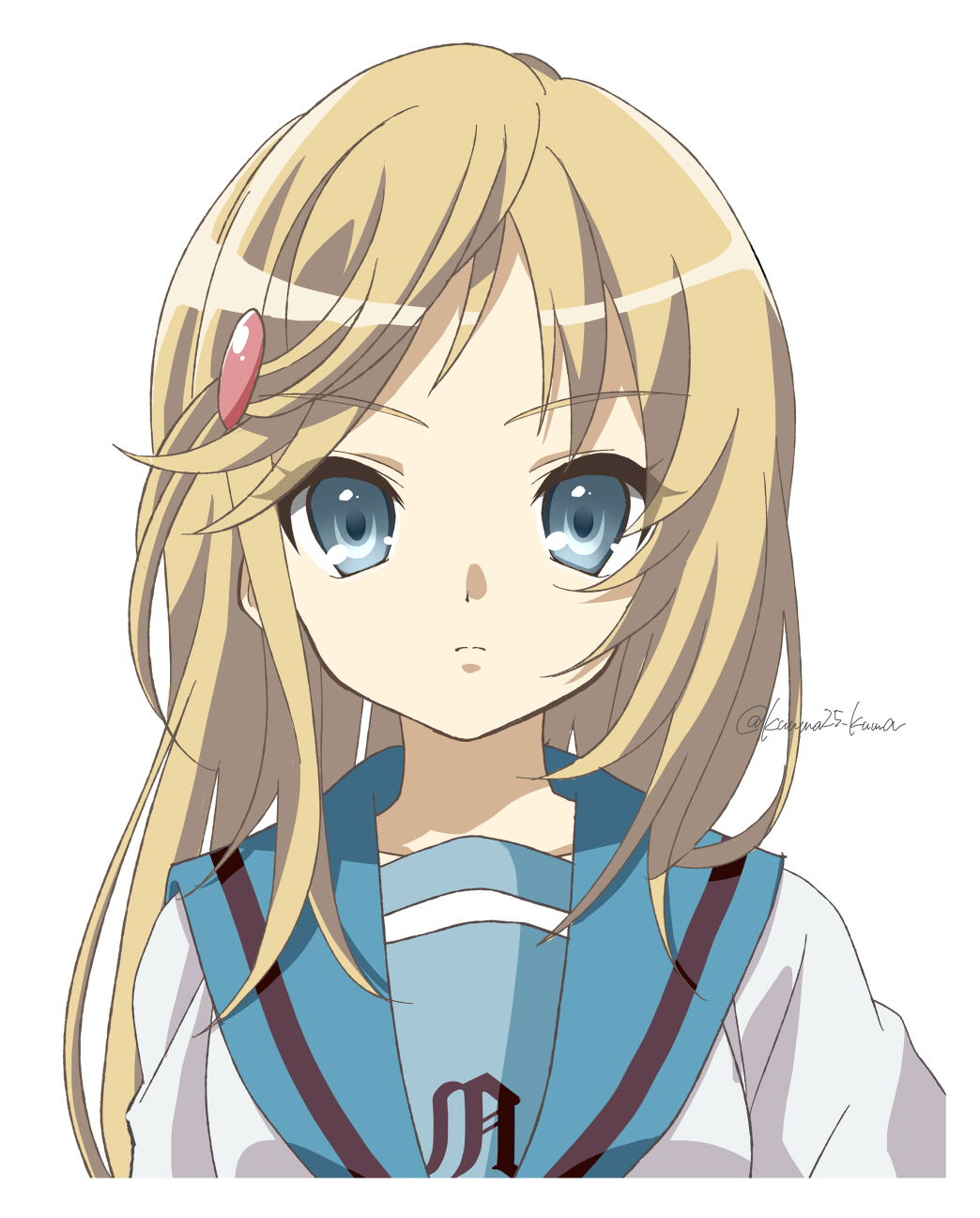 1girl, blonde_hair, blue_eyes, frown, hair_ornament, hairclip, highres, kita_high_school_uniform