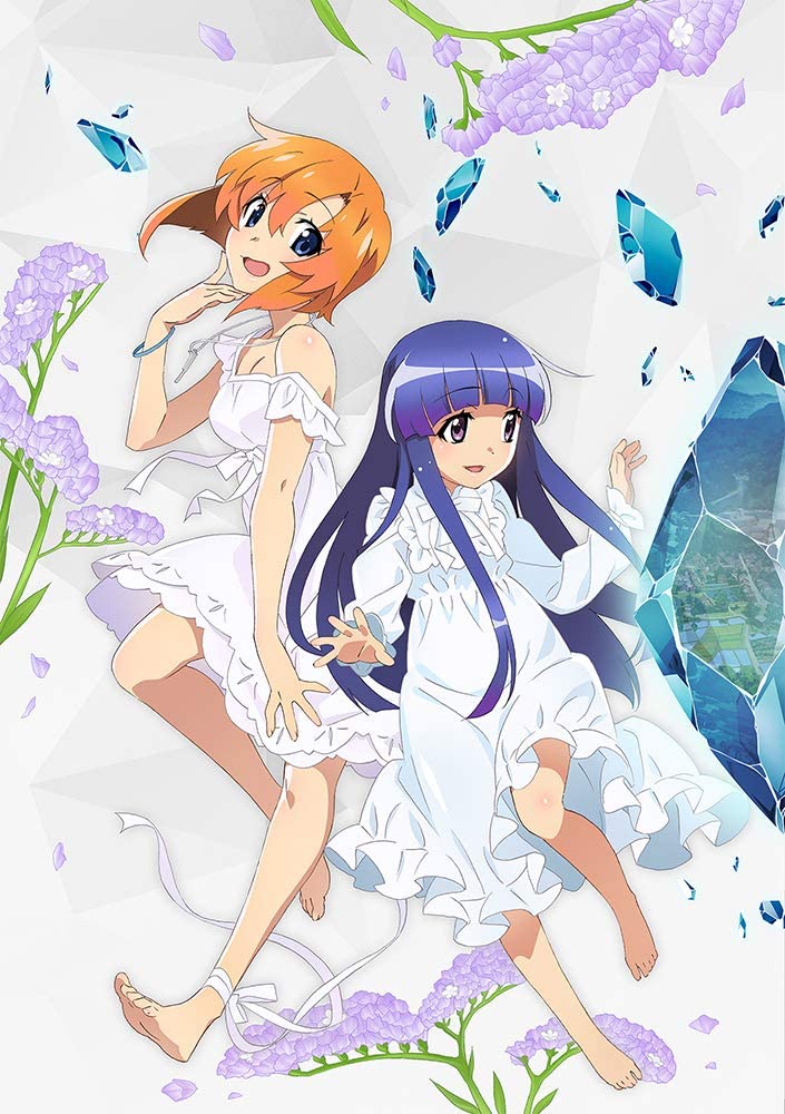 2girls, barefoot, blue_eyes, dress, furude_rika, higurashi_no_naku_koro_ni, kakera, multiple_girls, official_art, orange_hair, petals, purple_hair, ryuuguu_rena, violet_eyes, watanabe_akio