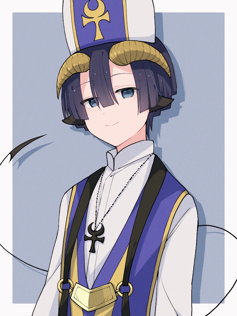 1boy, bangs, black_hair, blue_eyes, closed_mouth, commentary_request, curled_horns, demon_boy