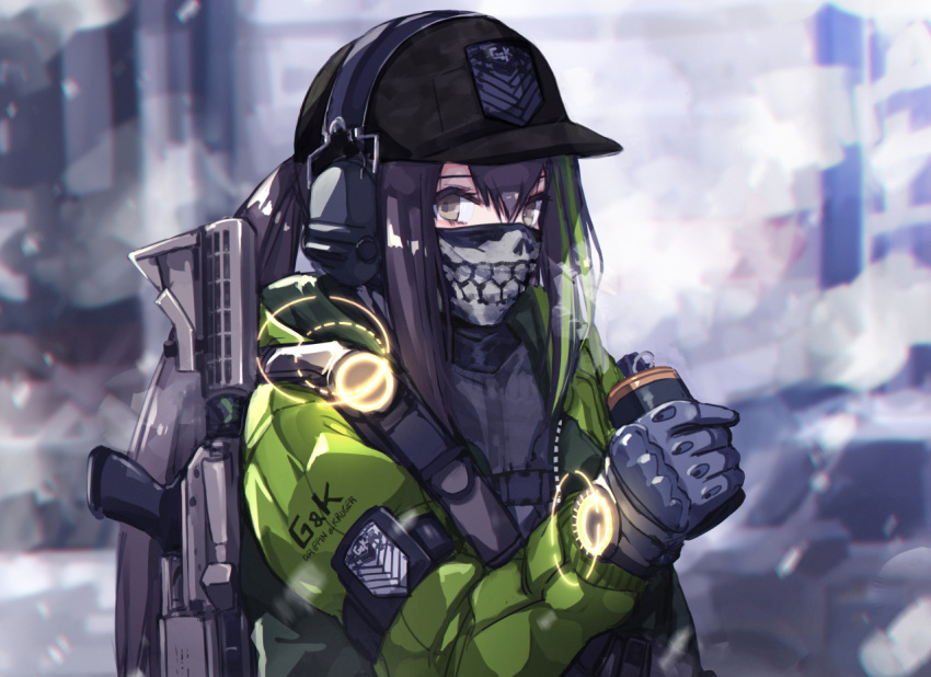 1girl, abandoned, alternate_costume, armband, assault_rifle, backpack, bag, bangs, baseball_cap, black_hair, black_legwear, black_shorts, brown_eyes, building, bulletproof_vest, car, close-up, ear_protection, emblem, english_commentary, english_text, explosive, eyebrows, from_side, girls_frontline, gloves, green_hair, green_jacket, grenade, grifon_&amp;_kryuger, ground_vehicle, gun, hat, headphones, holding, holding_grenade, holster, holstered_weapon, jacket, looking_at_viewer, m4_carbine, m4a1_(girls_frontline), mishima_hiroji, motor_vehicle, multicolored_hair, outdoors, pouch, radio, rifle, scarf, scarf_over_mouth, shorts, sidelocks, snow, snowing, solo, standing, strap, tactical_clothes, tom_clancy's_the_division, vest_pouch, watch, weapon, weapon_on_back