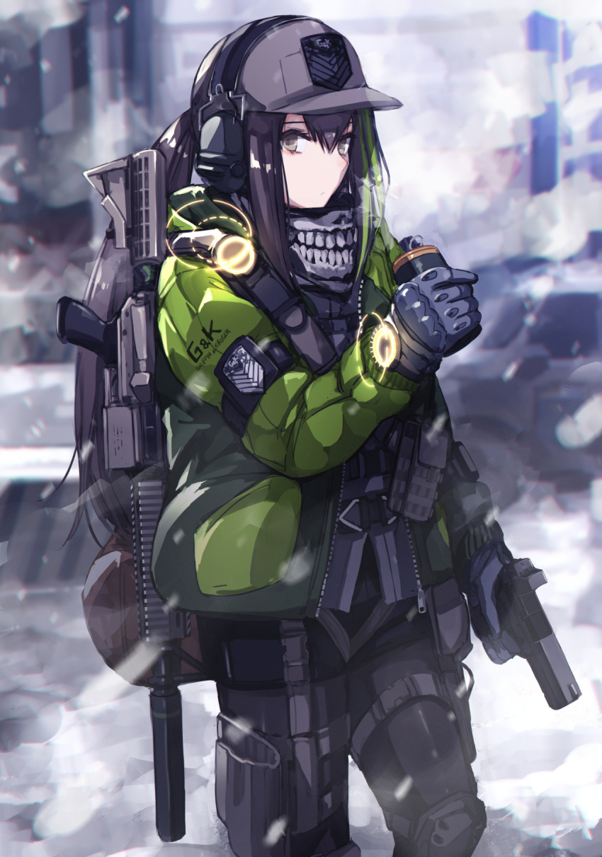 1girl, abandoned, alternate_costume, armband, assault_rifle, backpack, bag, bangs, baseball_cap, belt_pouch, black_hair, black_legwear, black_shorts, brown_eyes, building, bulletproof_vest, car, closed_mouth, commentary, ear_protection, emblem, english_commentary, english_text, explosive, eyebrows, from_side, girls_frontline, glock_40, gloves, green_hair, green_jacket, grenade, grifon_&amp;_kryuger, ground_vehicle, gun, handgun, hat, headphones, highres, holding, holding_grenade, holding_gun, holding_weapon, holster, holstered_weapon, jacket, knee_guards, knee_pads, looking_at_viewer, m4_carbine, m4a1_(girls_frontline), mishima_hiroji, motor_vehicle, multicolored_hair, optical_sight, outdoors, pantyhose, pouch, radio, rifle, roadblock, scarf, short_shorts, shorts, sidelocks, sight, snow, snowing, solo, standing, strap, suppressor, tactical_clothes, thigh_holster, thigh_pouch, tom_clancy's_the_division, vest_pouch, watch, weapon, weapon_on_back