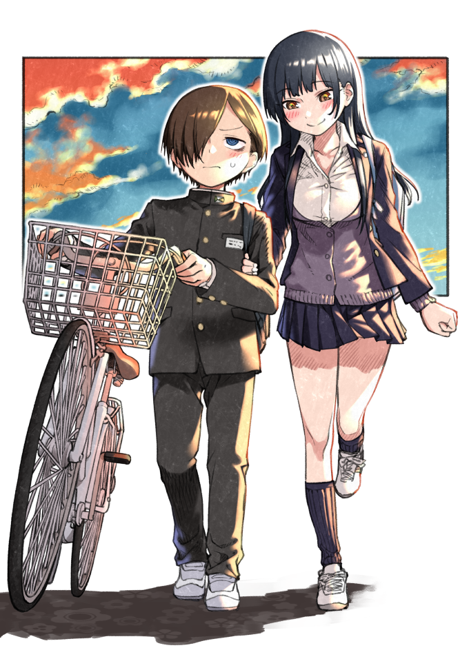 1boy, 1girl, arm_holding, bicycle, blush, boku_no_kokoro_no_yabai_yatsu, cardigan, collared_shirt, full_body, gakuran, ground_vehicle, hair_over_one_eye, height_difference, ice_reizou, ichikawa_kyoutarou, pleated_skirt, school_uniform, shirt, skirt, sunset, sweatdrop, walking, white_shirt, yamada_anna