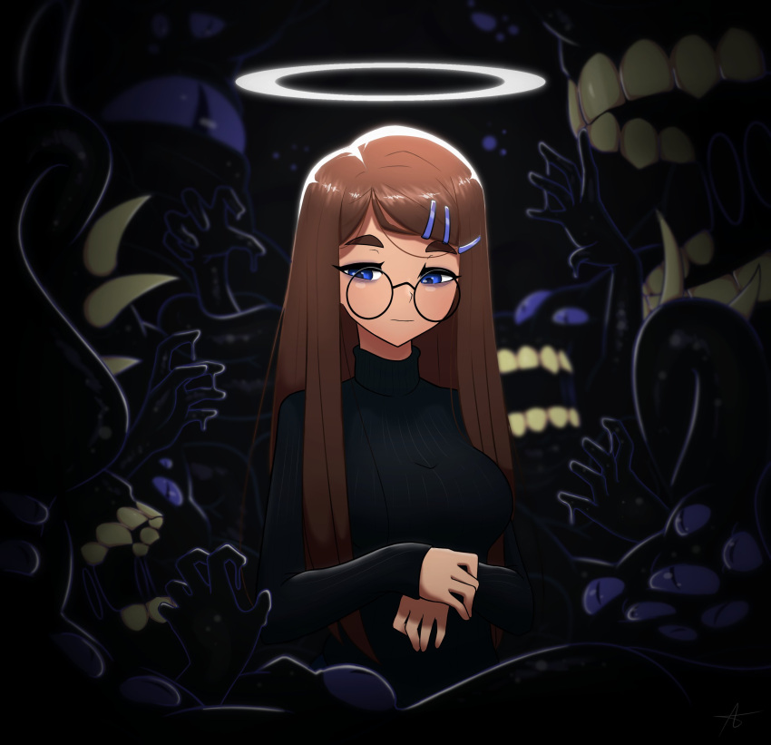 1girl, absurdres, astronowo, bags_under_eyes, blue_eyes, brown_hair, glasses, halo, highres, long_hair, original, ribbed_sweater, round_eyewear, sharp_teeth, surrounded, sweater, teeth, turtleneck, turtleneck_sweater, webbed_hands