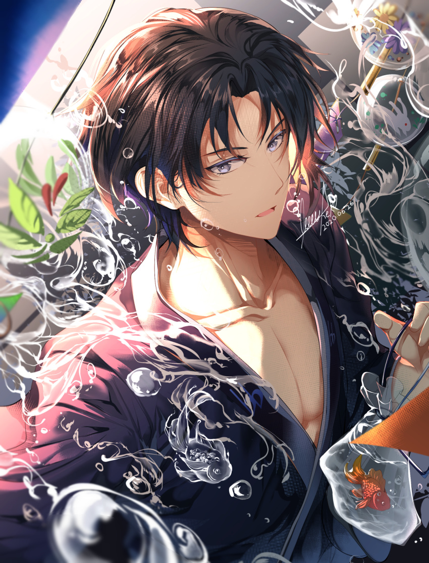 1boy, bag, bangs, black_hair, blue_eyes, blue_kimono, bubble, collarbone