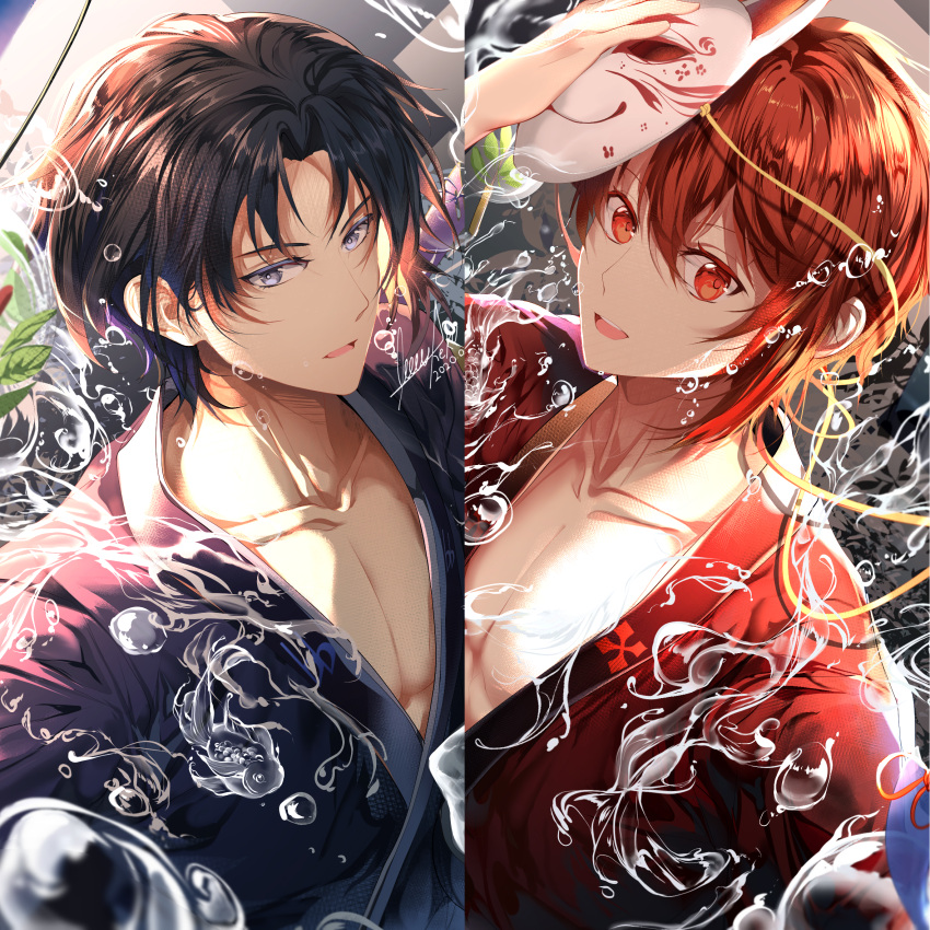 2boys, :d, bag, bangs, black_hair, blue_eyes, blue_hair, blue_kimono